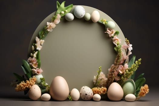 Podium, stand for product presentation and easter wreath with eggs. Mockup for branding and festive packaging presentation. ai generated