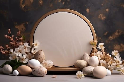 Podium, stand for product presentation and easter wreath with eggs. Mockup for branding and festive packaging presentation. ai generated