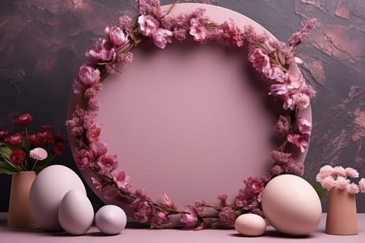 Podium, stand for product presentation and easter wreath with eggs. Mockup for branding and festive packaging presentation. ai generated