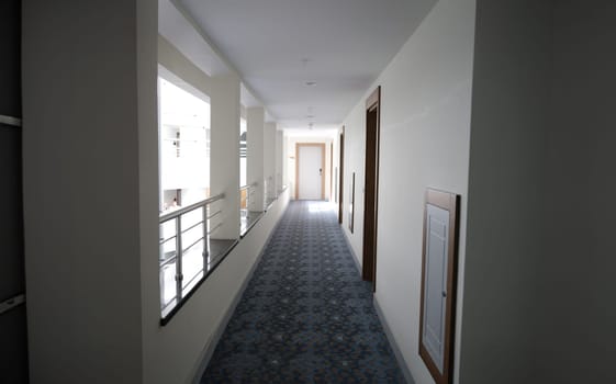 Beautiful building of modern hotel from inside background. Architectural projects for construction of public place concept