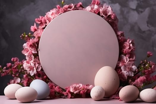 Podium, stand for product presentation and easter wreath with eggs. Mockup for branding and festive packaging presentation. ai generated