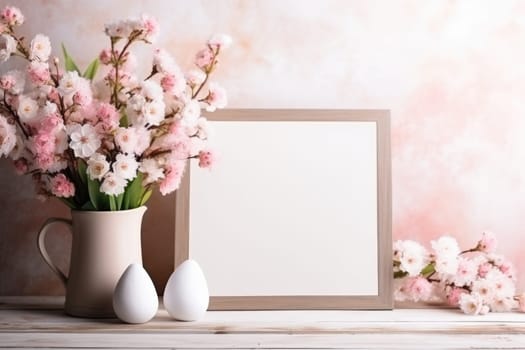 Happy Easter concept with easter eggs in nest and spring flowers. wooden frame on the table decorated for Easter. ai generated