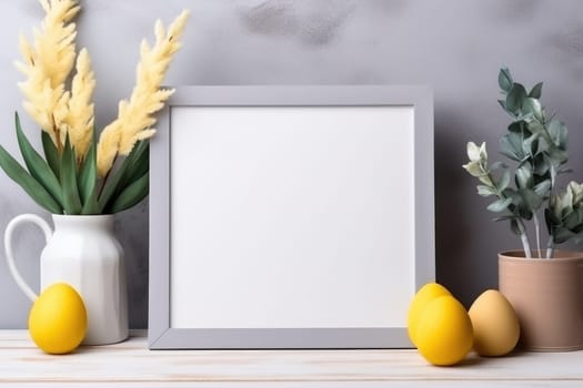Happy Easter concept with easter eggs in nest and spring flowers. wooden frame on the table decorated for Easter. ai generated