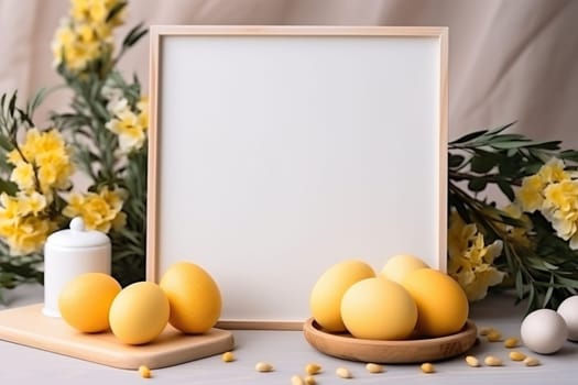 Happy Easter concept with easter eggs in nest and spring flowers. wooden frame on the table decorated for Easter. ai generated
