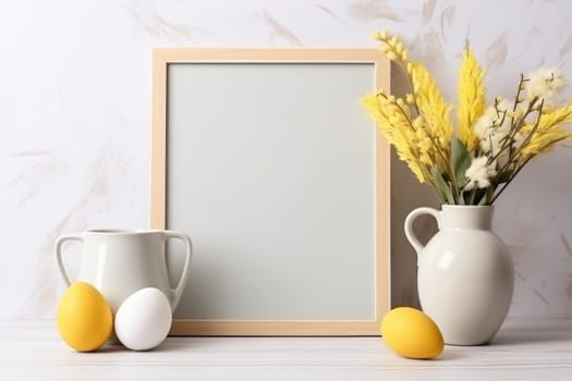 Happy Easter concept with easter eggs in nest and spring flowers. wooden frame on the table decorated for Easter. ai generated