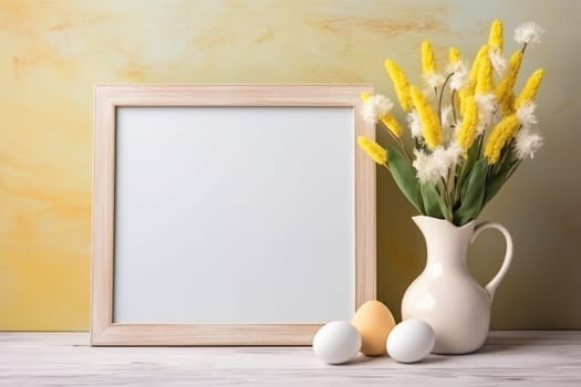 Happy Easter concept with easter eggs in nest and spring flowers. wooden frame on the table decorated for Easter. ai generated