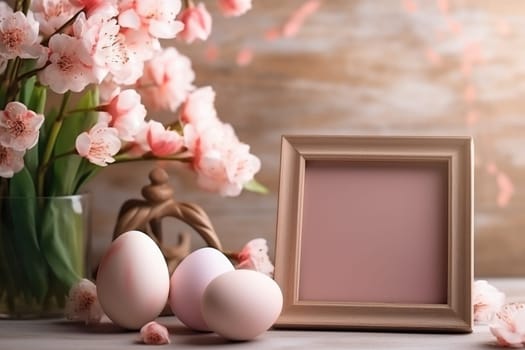 Happy Easter concept with easter eggs in nest and spring flowers. wooden frame on the table decorated for Easter. ai generated