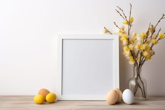 Happy Easter concept with easter eggs in nest and spring flowers. wooden frame on the table decorated for Easter. ai generated