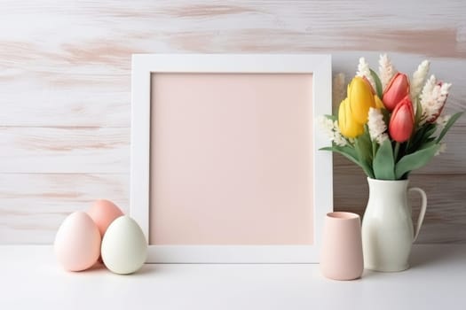 Happy Easter concept with easter eggs in nest and spring flowers. wooden frame on the table decorated for Easter. ai generated