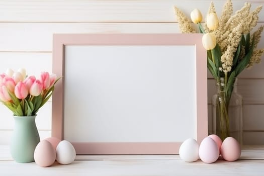 Happy Easter concept with easter eggs in nest and spring flowers. wooden frame on the table decorated for Easter. ai generated