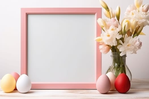 Happy Easter concept with easter eggs in nest and spring flowers. wooden frame on the table decorated for Easter. ai generated