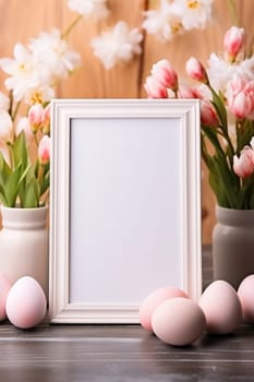 Happy Easter concept with easter eggs in nest and spring flowers. wooden frame on the table decorated for Easter. ai generated