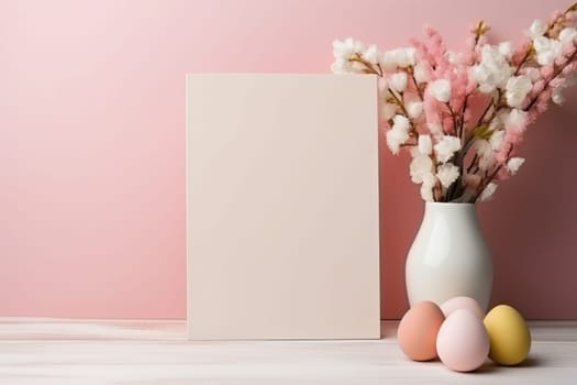 Happy Easter concept with easter eggs in nest and spring flowers. wooden frame on the table decorated for Easter. ai generated
