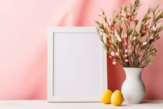 Happy Easter concept with easter eggs in nest and spring flowers. wooden frame on the table decorated for Easter. ai generated