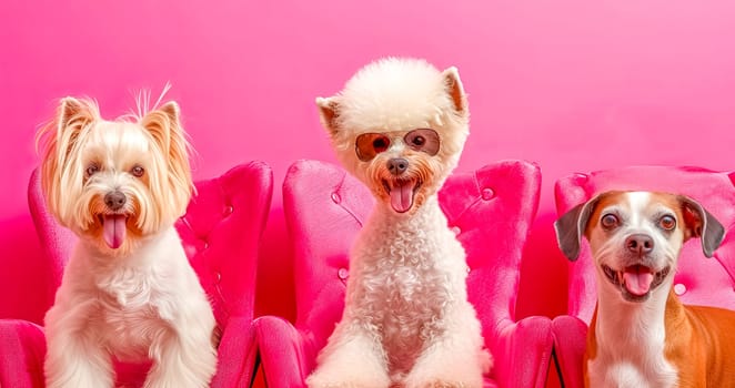 Adorable Yorkshire Terrier, Bichon Frise with Sunglasses, and Beagle on Pink Chairs - Pet Fashion Portrait.
