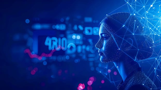 Futuristic Artificial Intelligence Woman Profile with Digital Network and Data Visualization, copy space