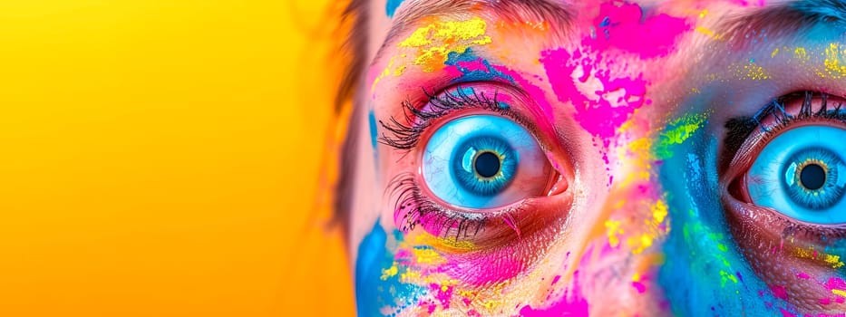 Striking Close-Up of Vibrant Eye Makeup and Colorful Face Paint on a Bright Yellow Background, copy space