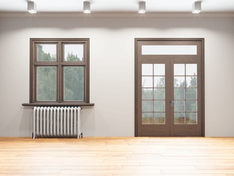 Interior of a room with a window and a radiator. 3d render