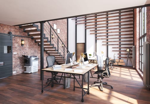 Modern office interior. Workplace concept. 3d rendering mock up