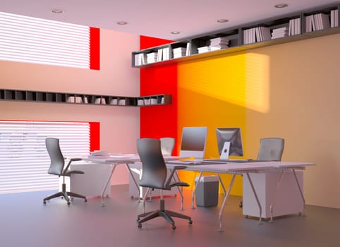 3d render of modern office interior design. Workplace concept.