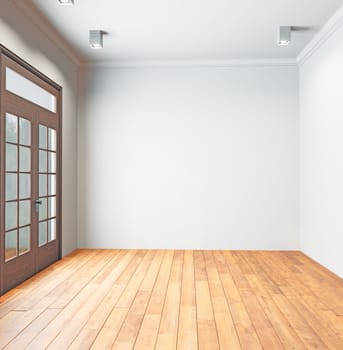 Empty room with wooden floor and white wall. 3d rendering.