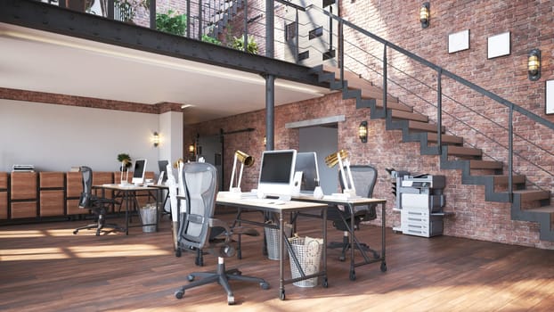 Modern office interior. Workplace concept. 3d rendering mock up