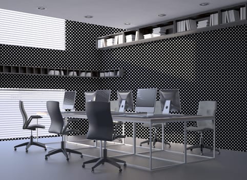 Office interior with black and white walls, a concrete floor and rows of black chairs. 3d render