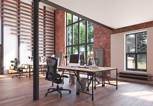Modern office interior. Workplace concept. 3d rendering mock up