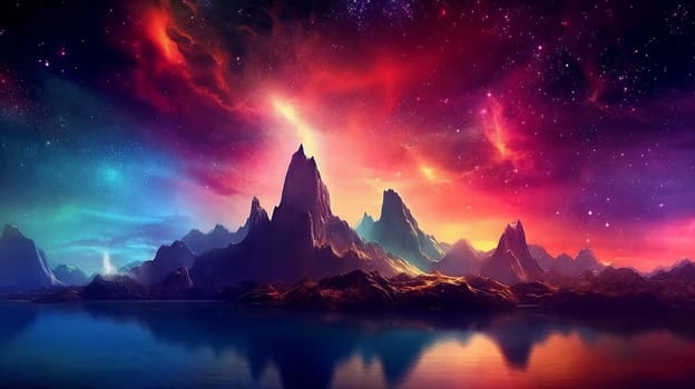 Fantasy planet with lake on foreground, mountains and night sky with stars and nebulas on background . AI Generative