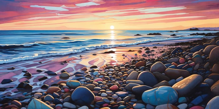 A vibrant sunset over a pebble beach painted with a colorful palette, casting a warm glow upon the shimmering waves and rocky shore
