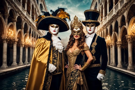 Ai generated portrait of people dressed with costumes and mask for the annual Venetian carnival.