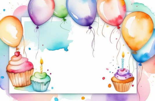 Birthday invitation with balloons and muffins with space for text in the middle