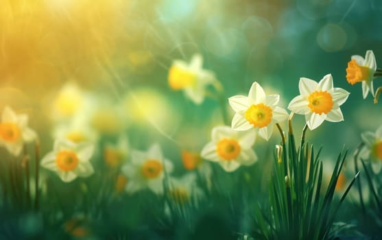 Yellow Floral Bliss: A Fresh Spring Meadow of Daffodils Blooming in a Field of Green Grass, with Bright Sunny Sky as a Backdrop