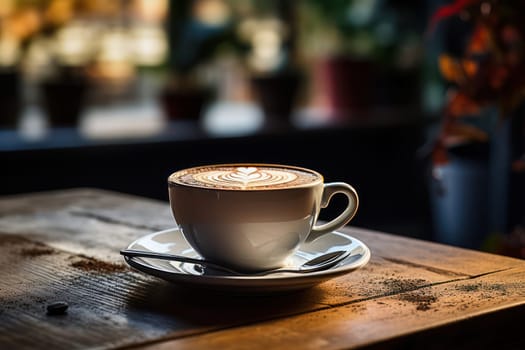 Morning Cappuccino: A Delicious Cup of Caffeine Indulgence on a Wooden Table, with White Foam and a Hint of Aroma, Set against a Vintage Black Background