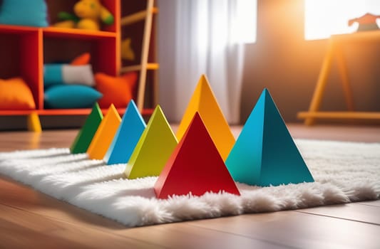 Children's wooden pyramids. Toys made of natural wood. Eco-Friendly Toys. Children's bright room.