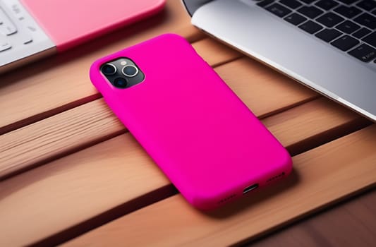 Silicone Pink Smartphone Case. Holes for charging, buttons, and camera. Crimson phone case. A phone with three cameras lies face down on a wooden table.