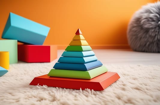 Wooden pyramid for children's development. Fine motor skills of the child. Cubes made of natural wood. Children's room. Fluffy carpet with a milky color.