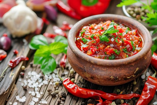 Spicy and tasty liquid seasoning of Georgian and Abkhaz cuisine adjika from red hot chili pepper, garlic, salt and kitchen herbs on the table in a small bowl surrounded by ingredients. AI generated.