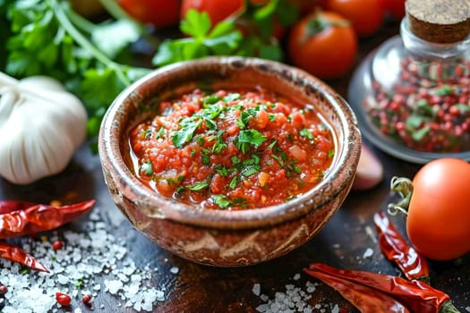 Spicy and tasty liquid seasoning of Georgian and Abkhaz cuisine adjika from red hot chili pepper, garlic, salt and kitchen herbs on the table in a small bowl surrounded by ingredients. AI generated.