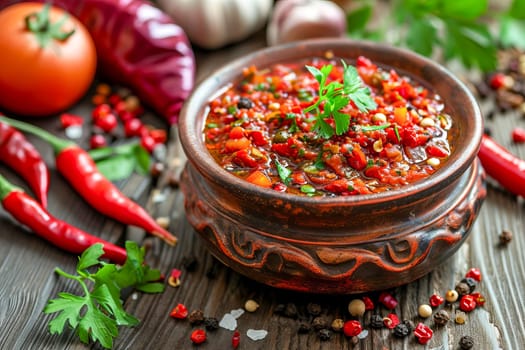 Spicy and tasty liquid seasoning of Georgian and Abkhaz cuisine adjika from red hot chili pepper, garlic, salt and kitchen herbs on the table in a small bowl surrounded by ingredients. AI generated.