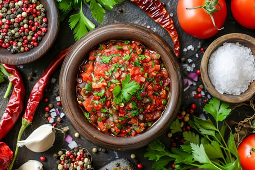 Spicy and tasty liquid seasoning of Georgian and Abkhaz cuisine adjika from red hot chili pepper, garlic, salt and kitchen herbs on the table in a small bowl surrounded by ingredients. AI generated.