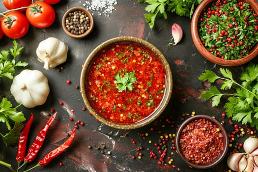 Spicy and tasty liquid seasoning of Georgian and Abkhaz cuisine adjika from red hot chili pepper, garlic, salt and kitchen herbs on the table in a small bowl surrounded by ingredients. AI generated.
