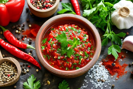 Spicy and tasty liquid seasoning of Georgian and Abkhaz cuisine adjika from red hot chili pepper, garlic, salt and kitchen herbs on the table in a small bowl surrounded by ingredients. AI generated.