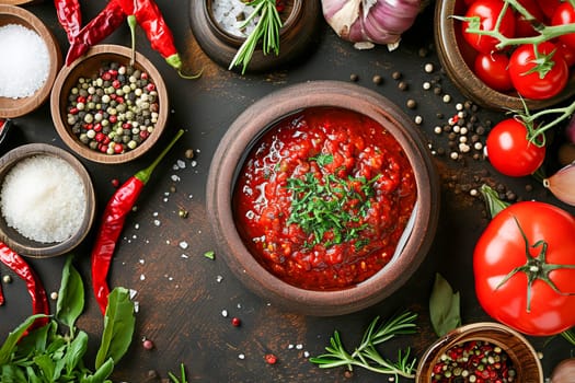 Spicy and tasty liquid seasoning of Georgian and Abkhaz cuisine adjika from red hot chili pepper, garlic, salt and kitchen herbs on the table in a small bowl surrounded by ingredients. AI generated.