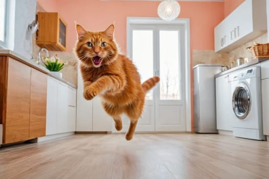 A funny red cat is jumping in the room. Crazy playful cat jumping