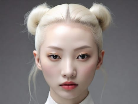 portrait of an albino girl, Asian appearance, with makeup on a dark background. variety and fashion.