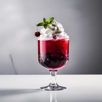 Red Cocktail in a Transparent Glass with Round Ice, Whipped Cream, and Blackberry on Top - Side View