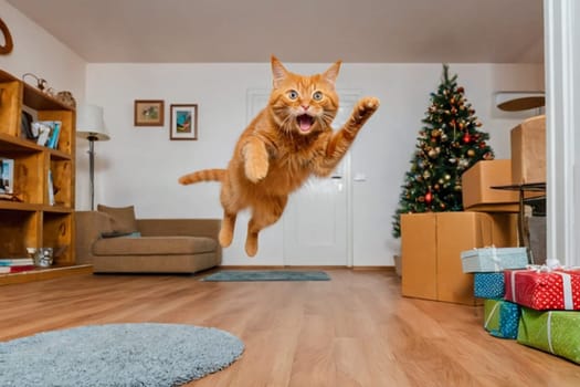 A funny red cat is jumping in the room. Crazy playful cat jumping after installing a New Year tree in the house
