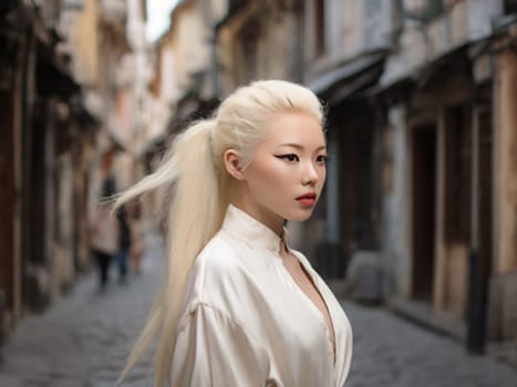 an albino girl of Asian appearance walks along narrow streets with cobblestones.