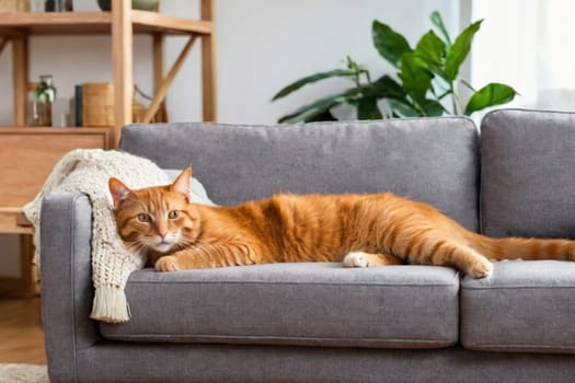 Cute red cat lying on sofa in living room.